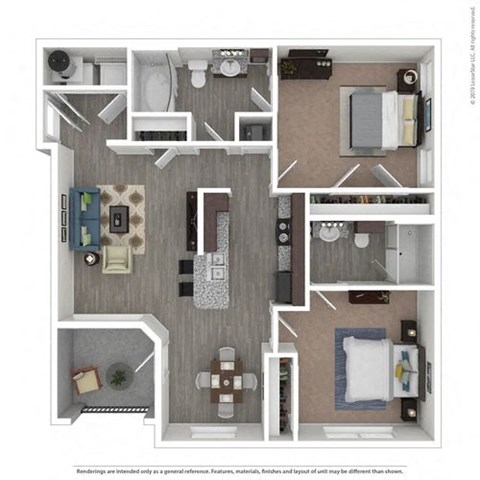 Floor plan for 2 beds, 2 baths, 967 sqft